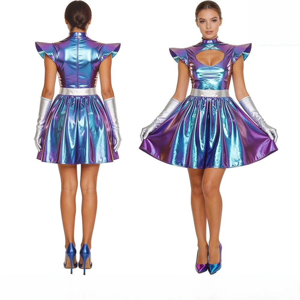Cyber Holographic Puff Sleeve Dress – Gothic Sci-Fi Mini Gown with Metallic A-Line Skirt & Silver Gloves