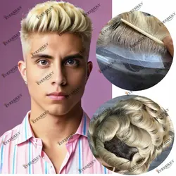 Mannen 100% Menselijk Haar Toupetje Voor Mannen Natuurlijke Haarlijn Ombre Blond Haar 0.06Mm Super Dunne Huid Mannen Capillair Prothese Systeem