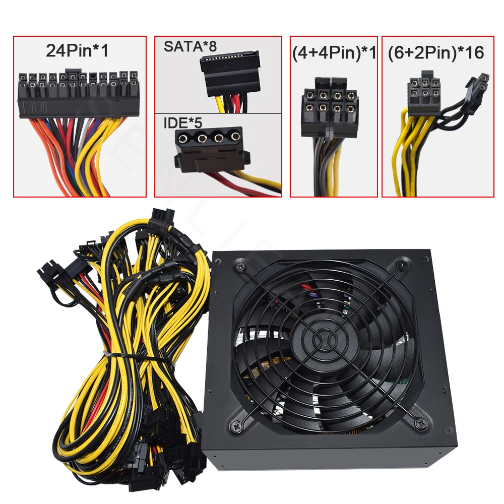 ATX 2400W 180-260V Cocok untuk Semua Jenis Catu Daya Pertambangan 8GPU Dll RVN Rig Ethereum Miner PC PSU Kontrol Suhu