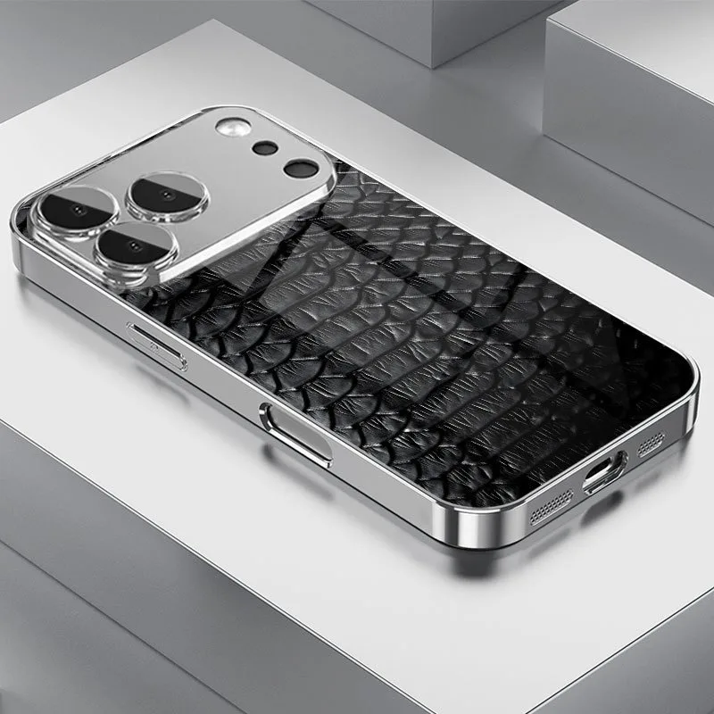 

Luxury Black Snake Skin Texture Pattern Glass Phone Case For iPhone 11 12 13 14 15 16 17 Pro Max Plus 17 Air Electroplate Cover