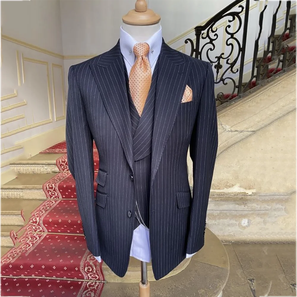Business Casual Striped Suit For Men High Quality Peak Lapel Slim Fit Outfit Formal Office Party Event Wedding Groom Set 3 Piece