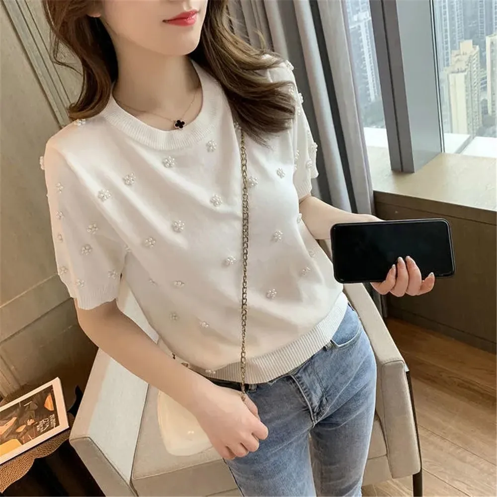 Summer New Pullover Sweater Women Loose Solid Color Leisure Lapel Short Sleeves Knitted Beading Sweater Female Women'S Clothing