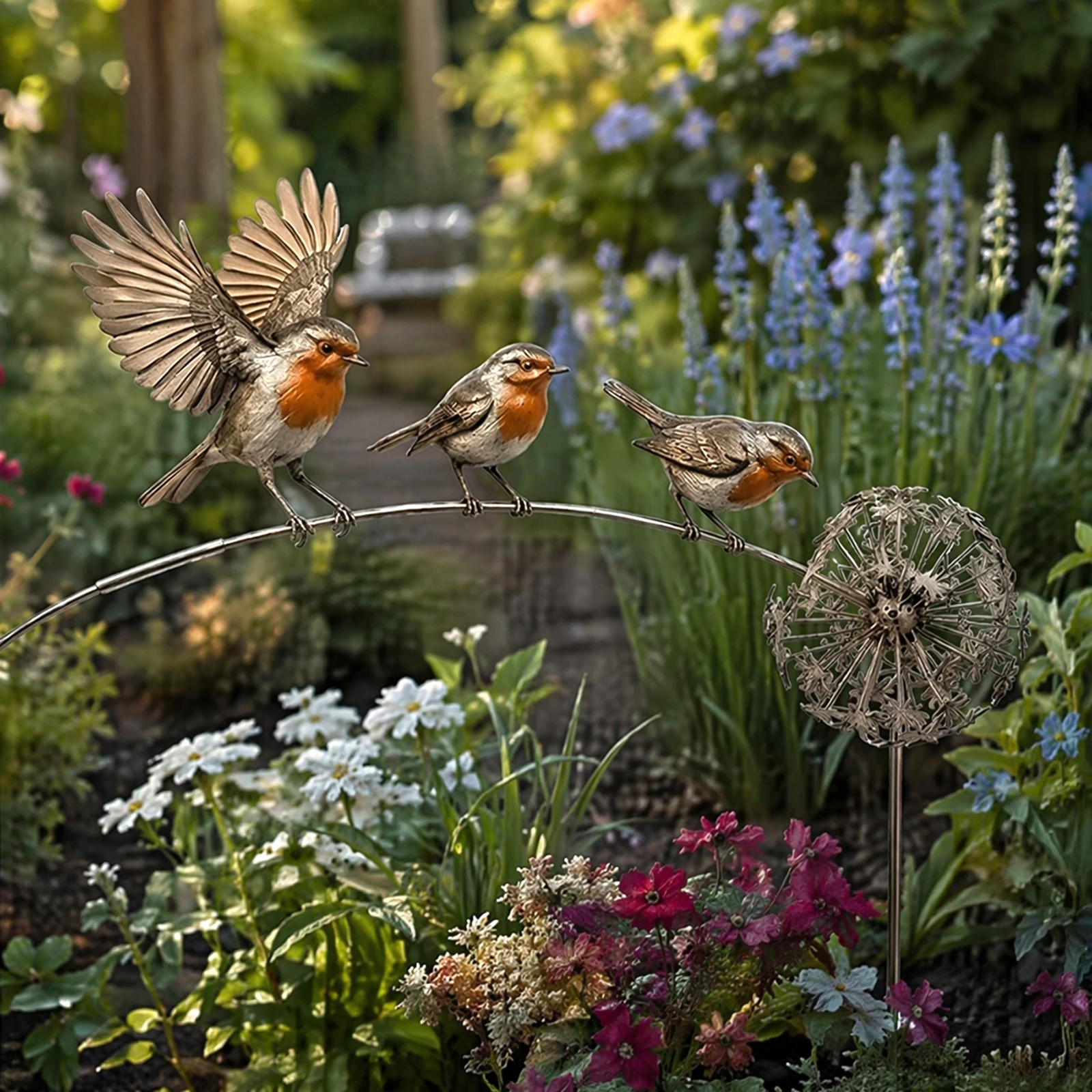 Outdoor Yard Art Stake with Dandelion Accent Rustic Robin Bird Yard Art Decoration Metal Robin Garden Ornament for Patio Lawn