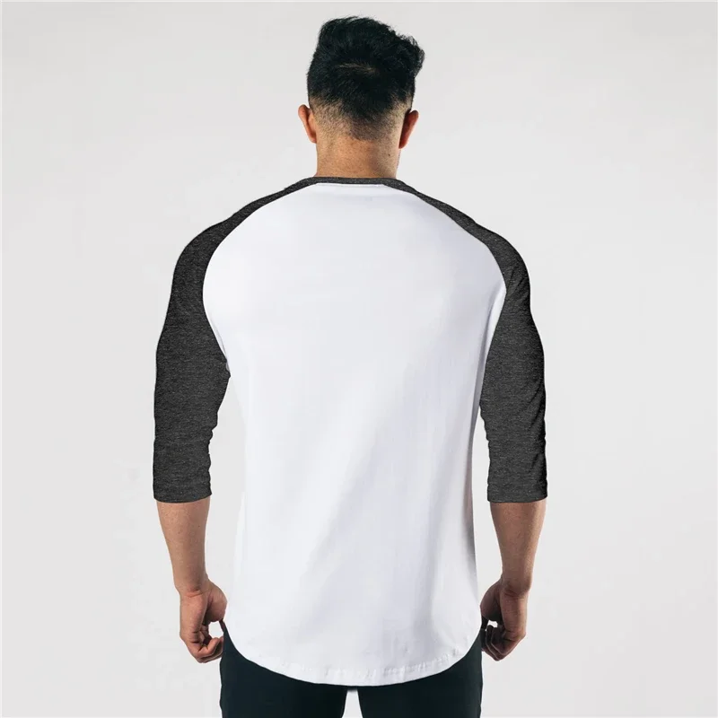 Muscleguys Autumn Fashion Three Quarter Sleeve Fitness T-shirt Men Solid Patchwork O-neck Gym T shirts Male Slim Fit Tee Shirts