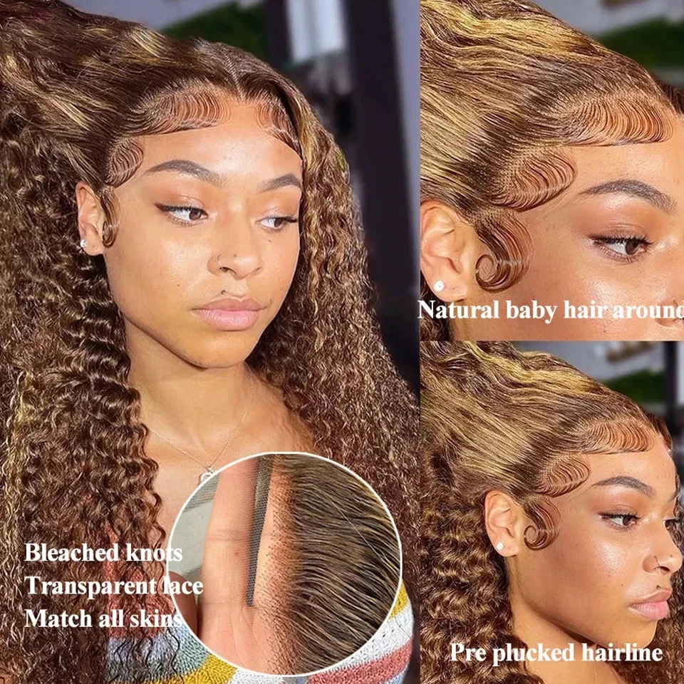 Bob Wig Deep Wave Highlight 13x4 Lace Front Human Hair Wig Honey Brown Blonde Water Wave Ombre 4/27 Transparent Lace Frontal Wig