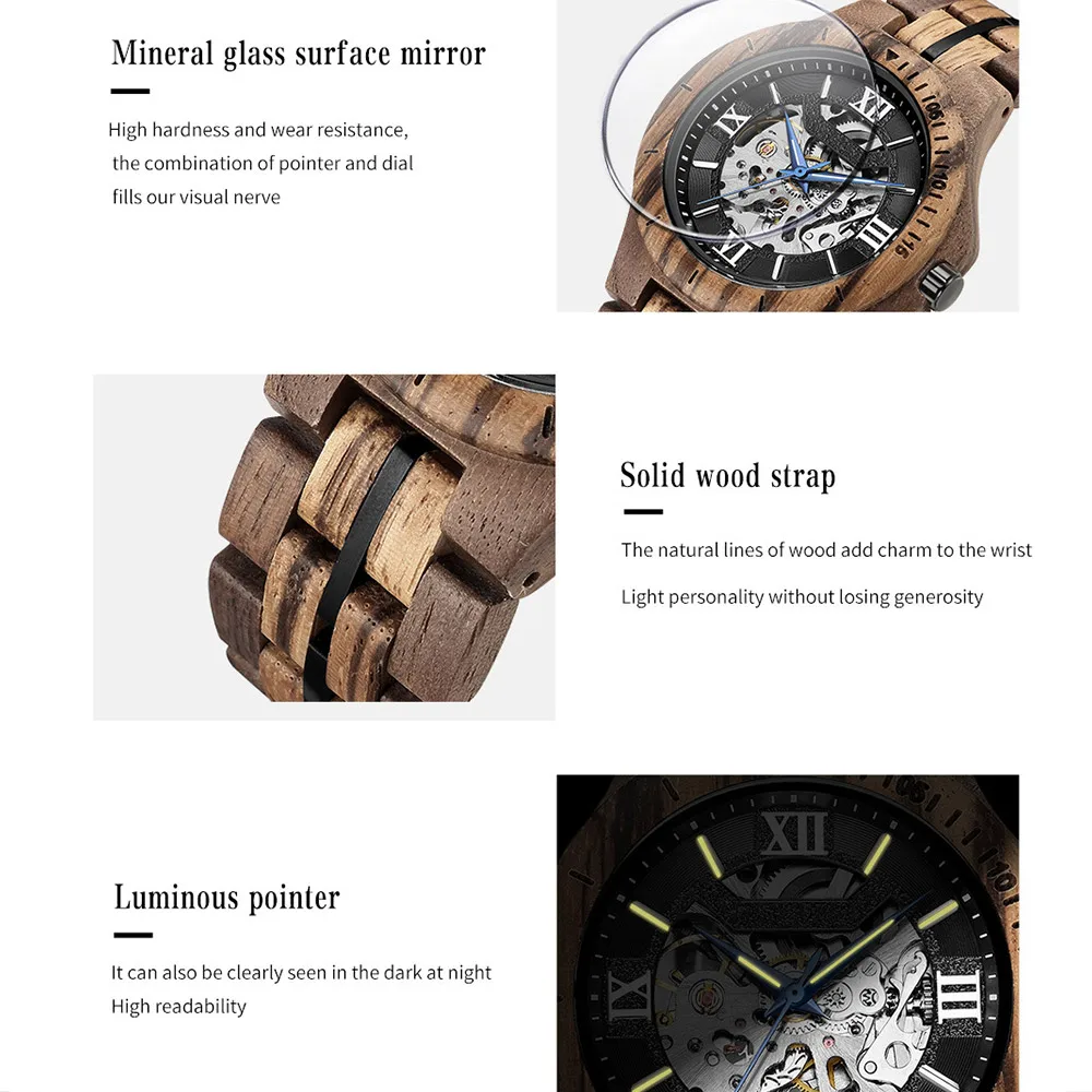 KUNHUANG-Reloj de madera para hombre, automático, mecánico, de lujo, con esfera de esqueleto Natural, caja de regalo