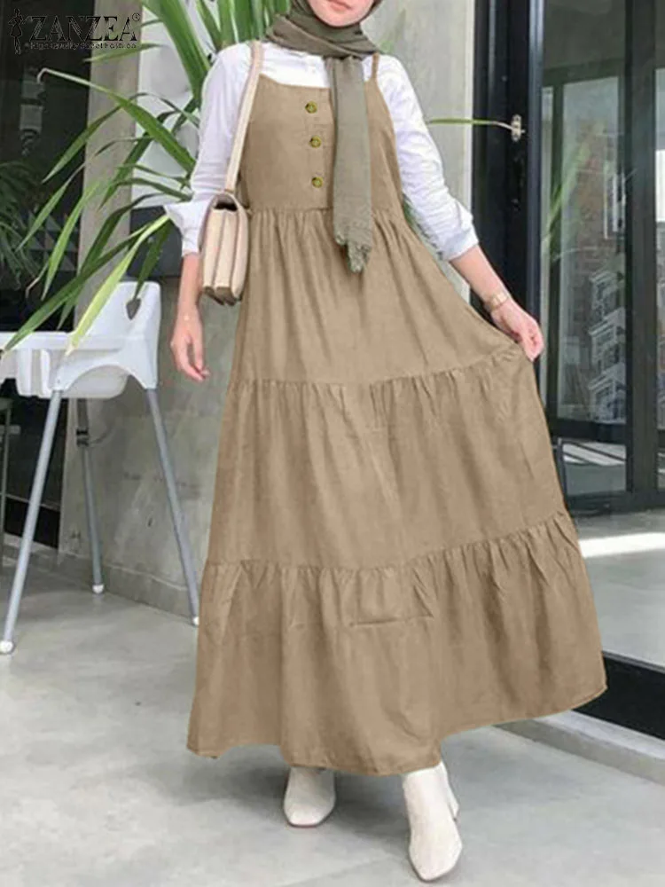 

ZANZEA Summer Women Overalls Dress Fashion Ruffles A-line Sundress Robe Femme Spaghetti Strap Vestidos Mulsim Islamic Clothing