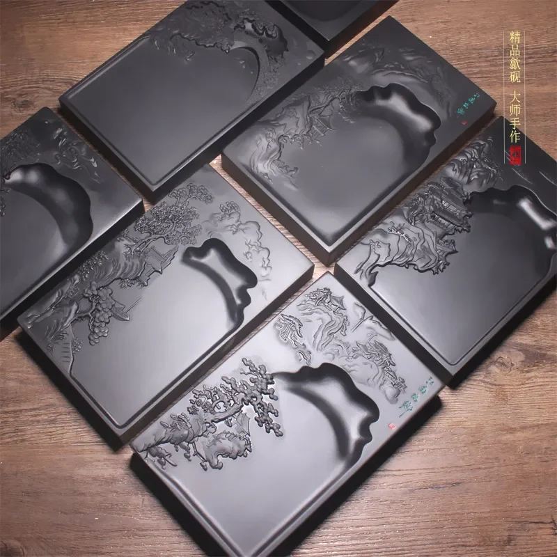 7-Inch rectangular various calligraphy master Laokeng rough stone gifts painted inkstone end inkstone wooden box Sheyan study