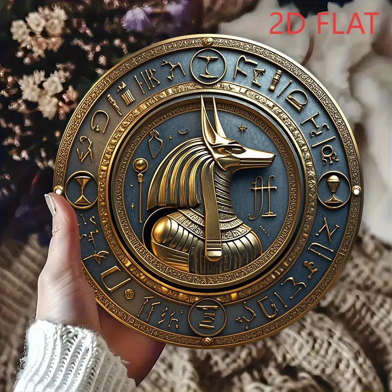 Egyptian Anubis Golden Wall Art, 8x8 Inch Round Metal Sign Vintage Hieroglyphics Decor for Home Bar Indoor Outdoor