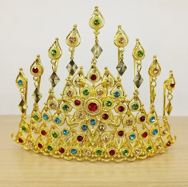 Thai Style Crown Rhinestone Metal Women Headwear Shiny Vintage Dance Gold Colour