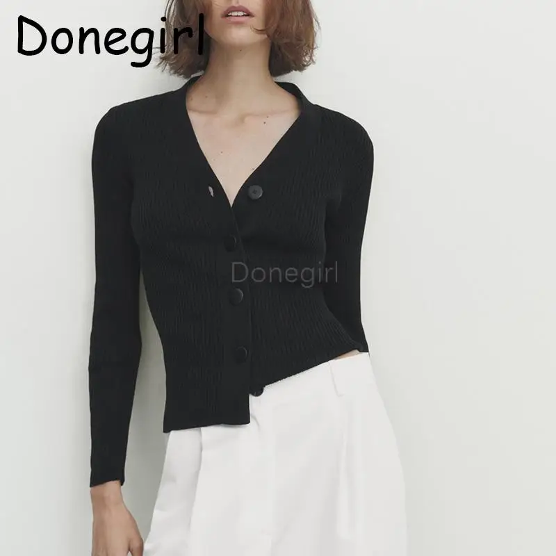 

Donegirl 2023 Autumn New Woman Slim V-neck Ribbing Knitted Sweater Simple Casual Single-breasted Cardigans Female Tops Chic