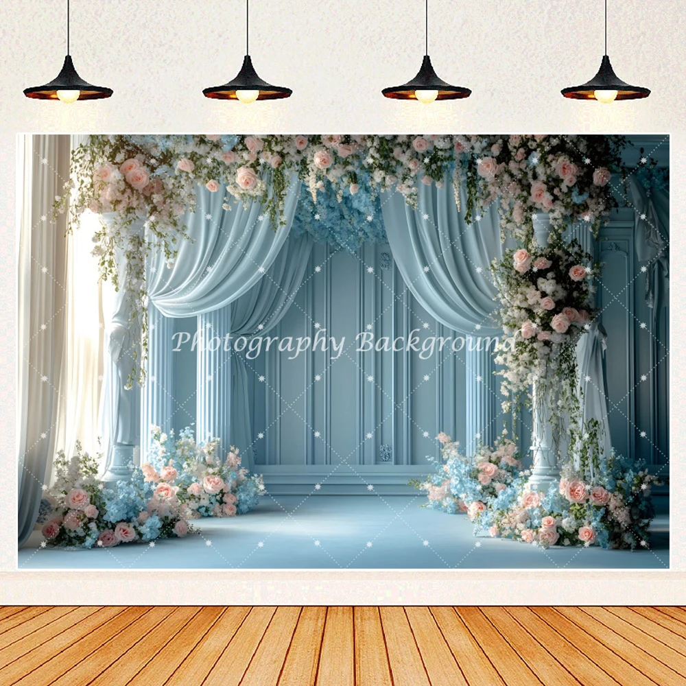

Blue Flower European Palace Wedding Photography Backdrop Romantic Maternity Portrait Baby Birthday Background Photo Studio Props