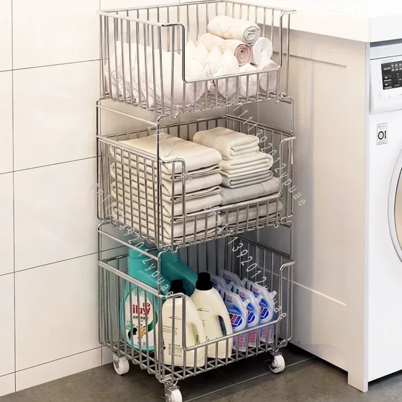 Stainless Steel Rolling Laundry Sorter Multi-compartment Layered Hamper Mobile Storage Basket for Bathroom