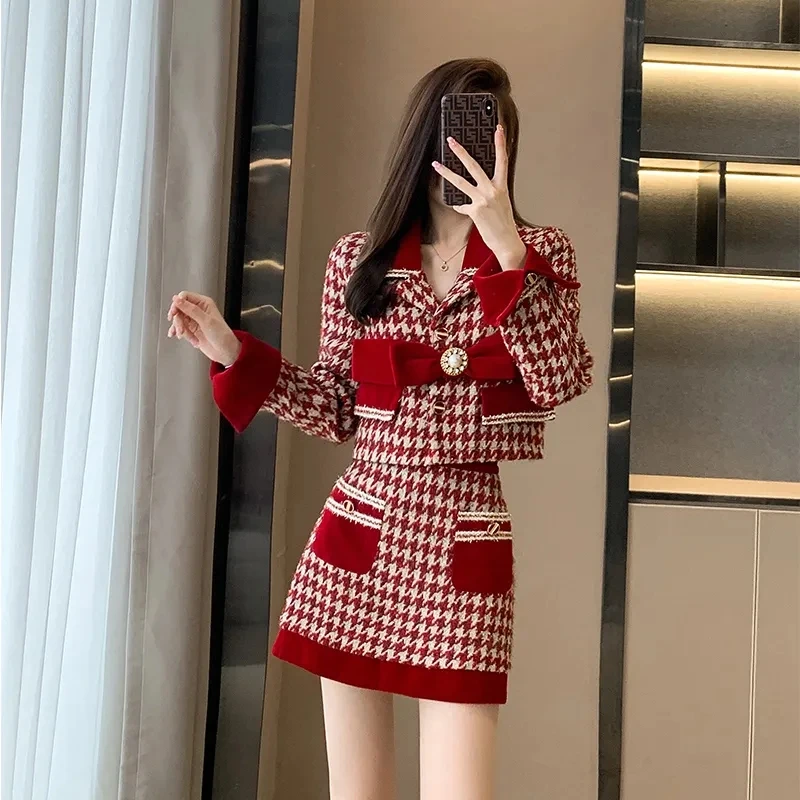 2024 Spring Autumn New Leisure Two-Piece Skirt Women Fashion Loose Bow Single-Breasted Suit Casual Jacket+Skirt Two-Piece Skirt