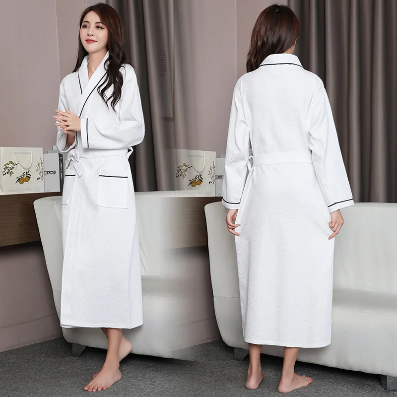 Female Long Kimono Bathrobe Gown Spring Autumn Waffle Cotton Robe Sleepwe Loose Casual Home Dress Loungewear with Pockets