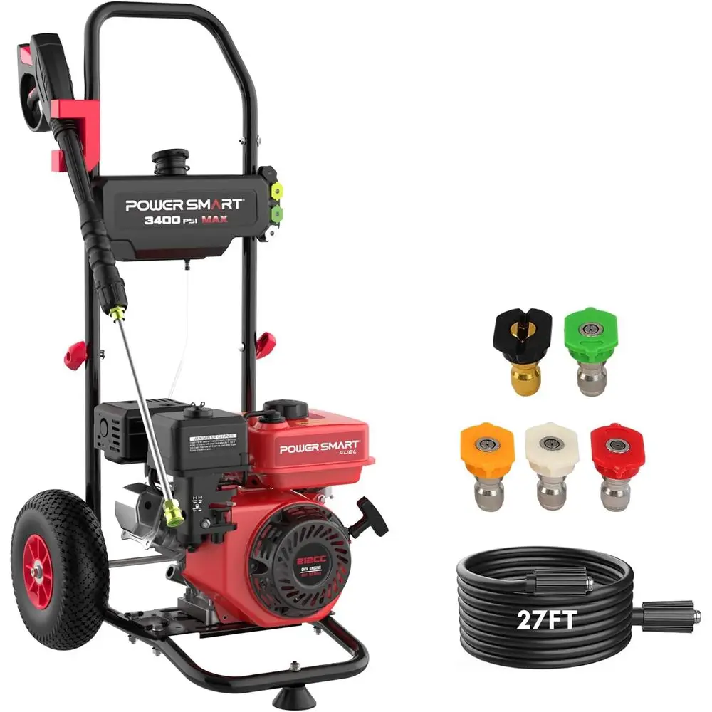 

3400 PSI Gas Pressure Washer with 2.5 GPM, 3L Detergent Tank, Metal Wand, 5 Nozzles for Home and Driveway Cleaning