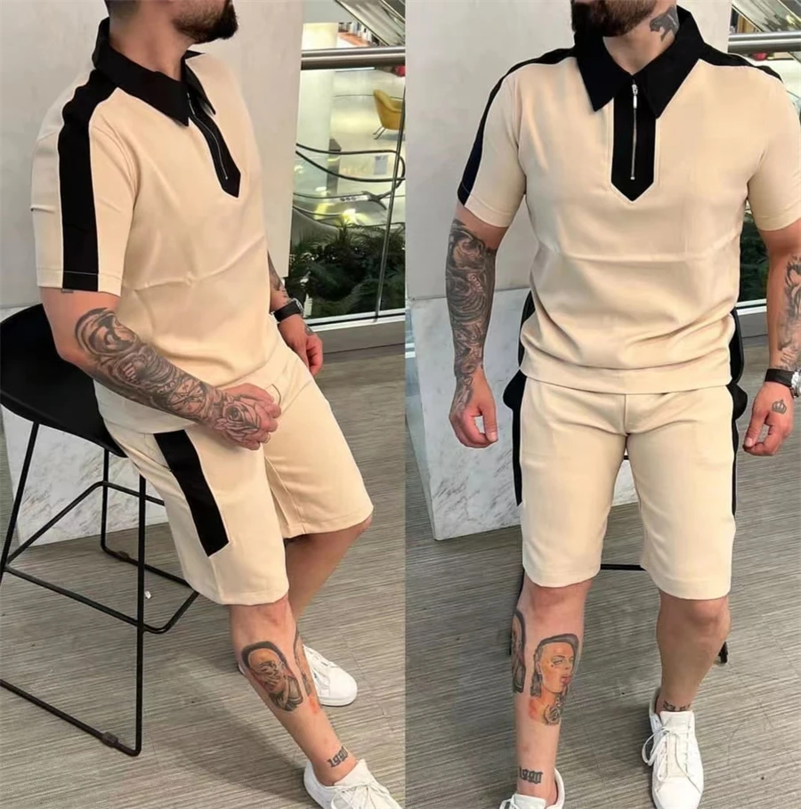 Summer Tracksuit Short Sleeve T Shirt+Shorts Suit Men Streetwear Fstitching Sweatshirt Oversized Men Clothing 2 Piece Sets