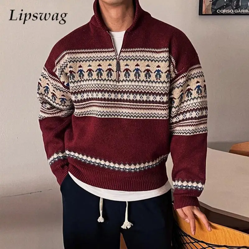 เสื้อสเวตเตอร์ถักลายกราฟิกวินเทจสำหรับผู้ชาย ฤดูใบไม้ร่วง ฤดูหนาว สวมใส่สบายๆ กลางแจ้ง แขนยาว เสื้อจัมเปอร์ถัก ทันสมัย มีซิปที่ปกเสื้อ