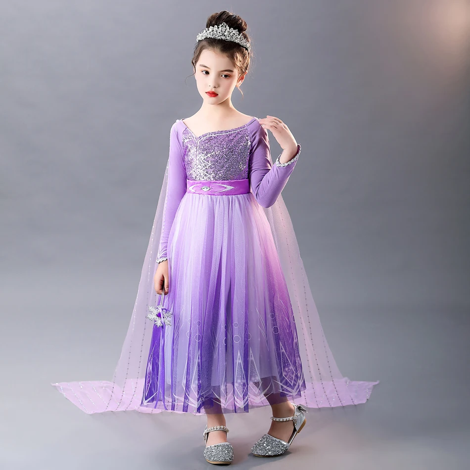 Mädchen Schneekönigin Lila Kleid Pailletten Langarm Farbverlauf Tüll Schleppkleid Kinder Elsa Kostüm für Geburtstag Halloween – Detail 2