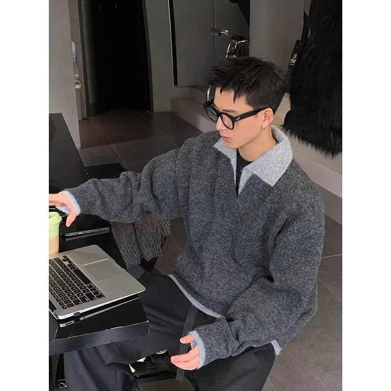 Koreanischer Retro-Spleiß-Fälschungs-Zweiteiler mit Polokragen für Herren im Herbst und Winter, lockeres, lässiges Pullover-Pullover-Oberteil