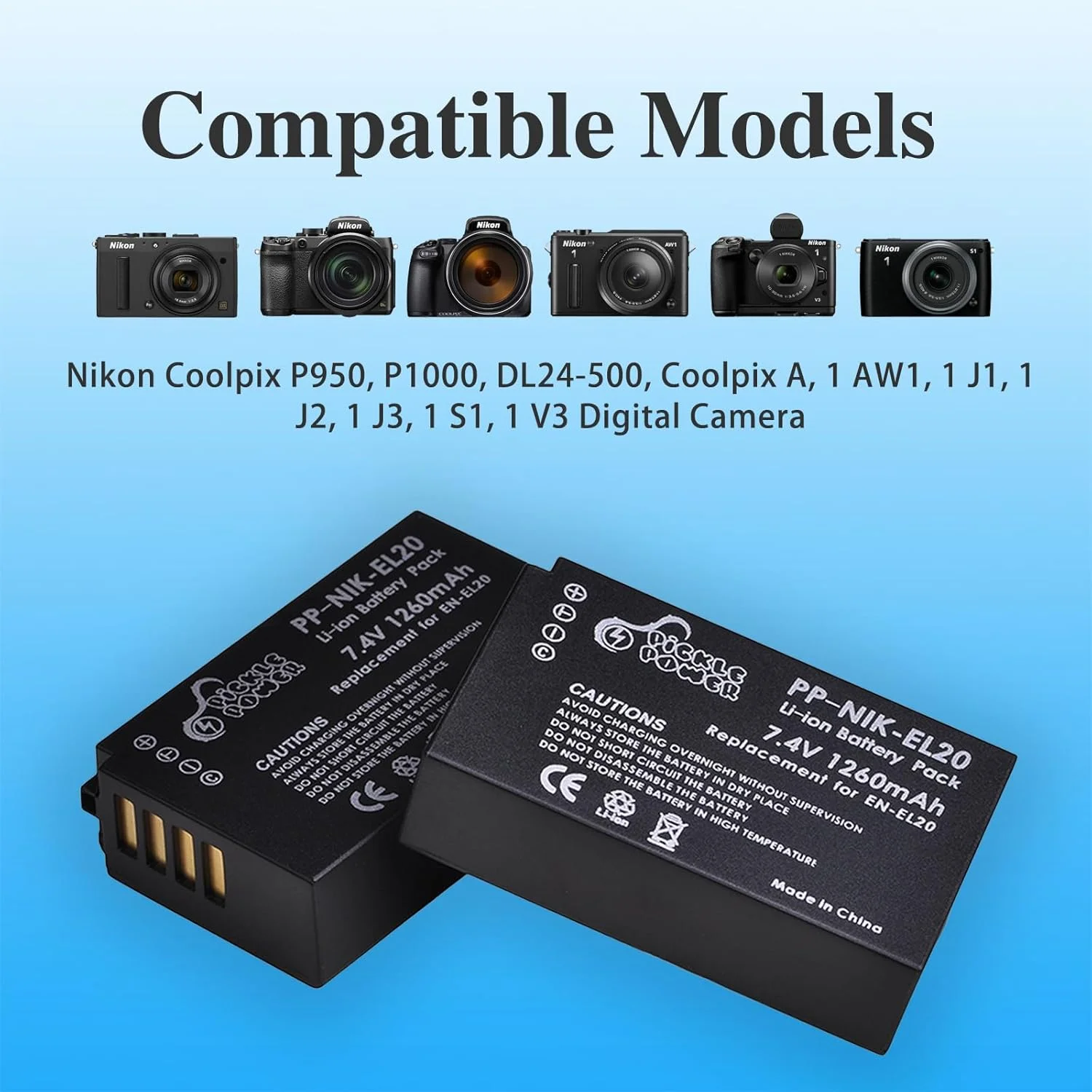 Pickle Power EN-EL20 EN-EL20a Battery for Nikon Coolpix P1100, P1000, P950, Coolpix A, 1 AW1, 1 J1, 1 J2, Charger for ENEL20