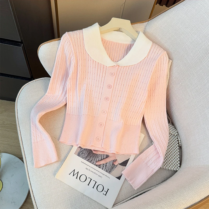 

Sweet Pink Women Sweater Contrast Color Turn Down Collar Soft Knitwear Spring Fall Female Leisure Versatile Slim Short Tops