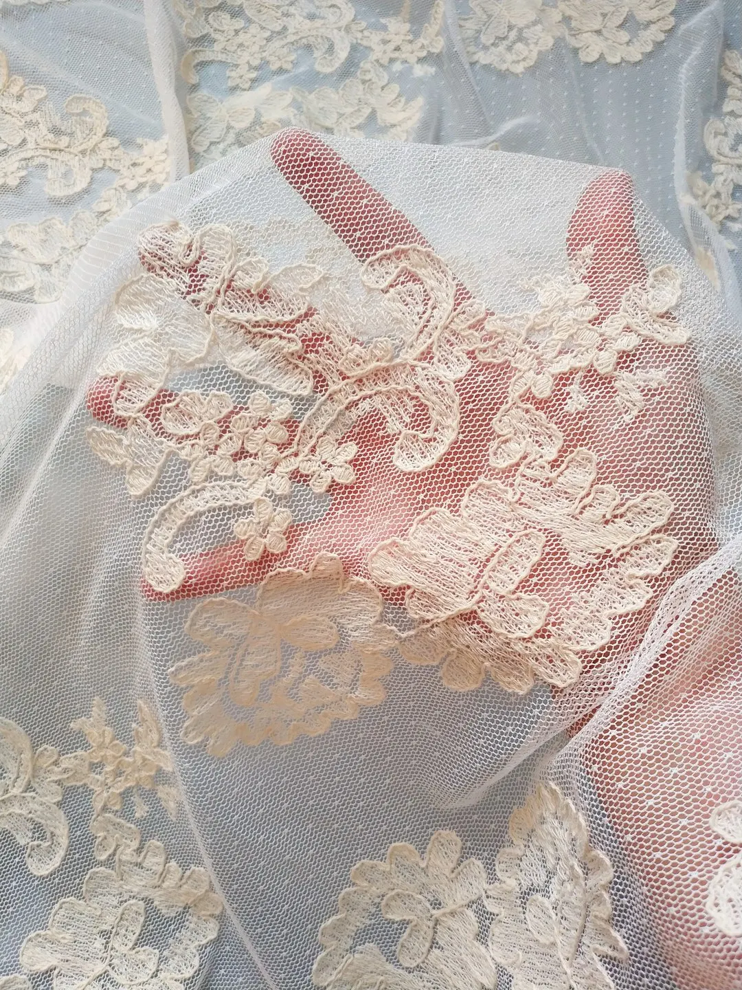 

Off-white lace embroidered floral wedding dress tulle fabric jacquard mesh fabric handmade sewing textile fabric