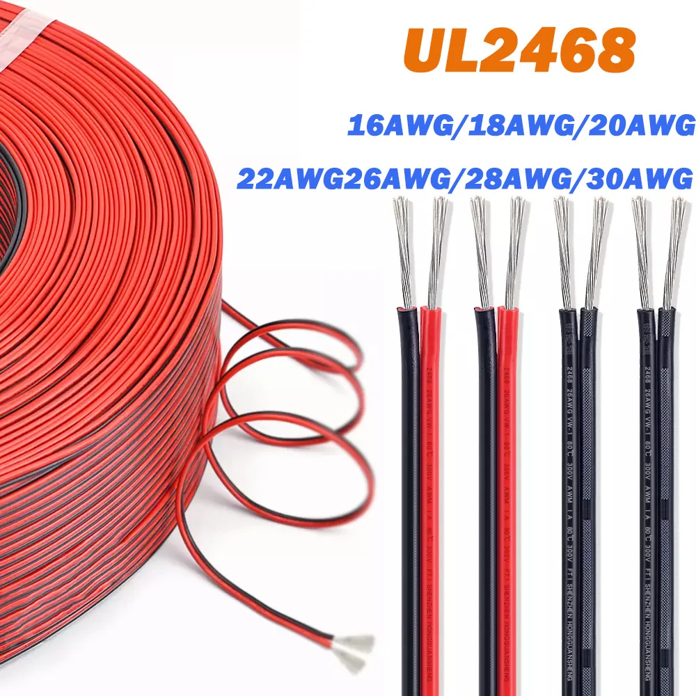 1~3meter Electrical Wire 16awg/18awg/20awg/22awg~30awg Ul2468 Twin 2-core Pvc Flat Ribbon Tinned Copper Wire Stranded Cables
