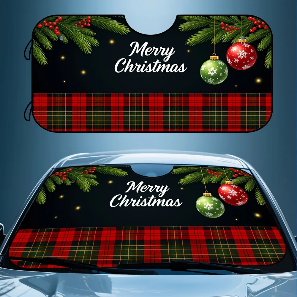 

1 шт. Рождественский солнцезащитный козырек на лобовое стекло автомобиля с рождественским текстом, красной, зеленой клеткой и праздничными украшениями - складной, подходит для внедорожника, T