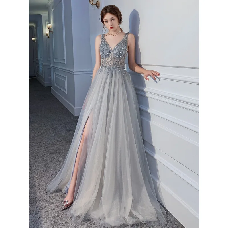 여성 공식 파티 댄스 파티 드레스 섹시한 v 넥 백리스 비즈 스팽글 공식 행사 드레스 Tulle Side Split 웨딩 파티 드레스