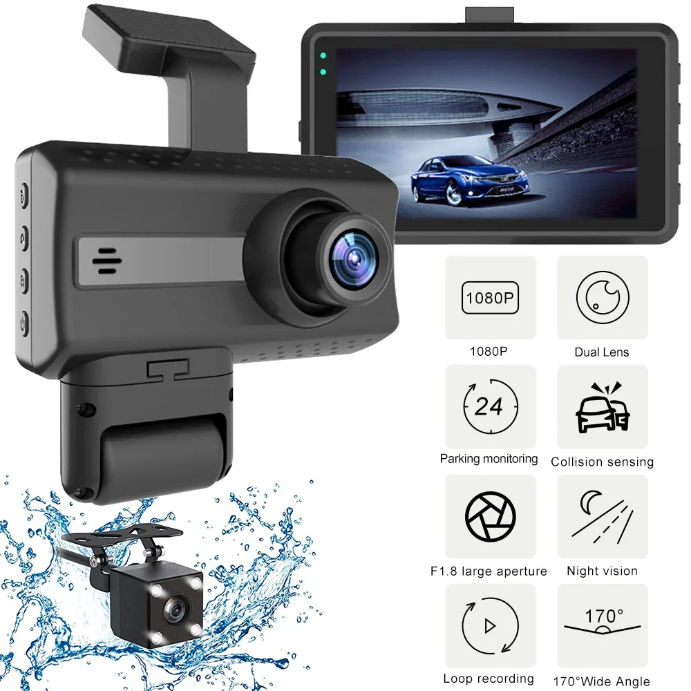 Dash Cam Dual Lens 1080P UHD Recording Car Camera DVR Night Vision WDR Built-In G-Sensor Motion Detection 24Hr Parking Monitor