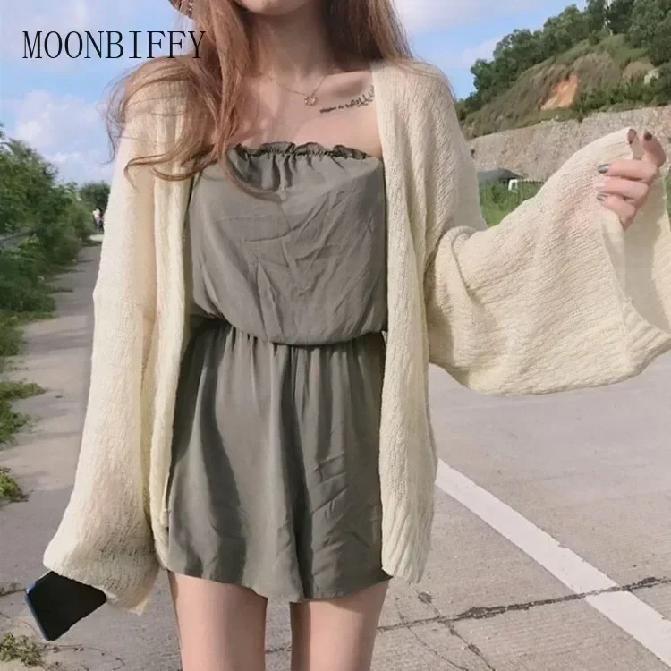 2024 Summer Knitted Cardigan Cardigan lazy loose Hollow soild color long-sleeved air-conditioned shirt Cropped Sweter Cardigan