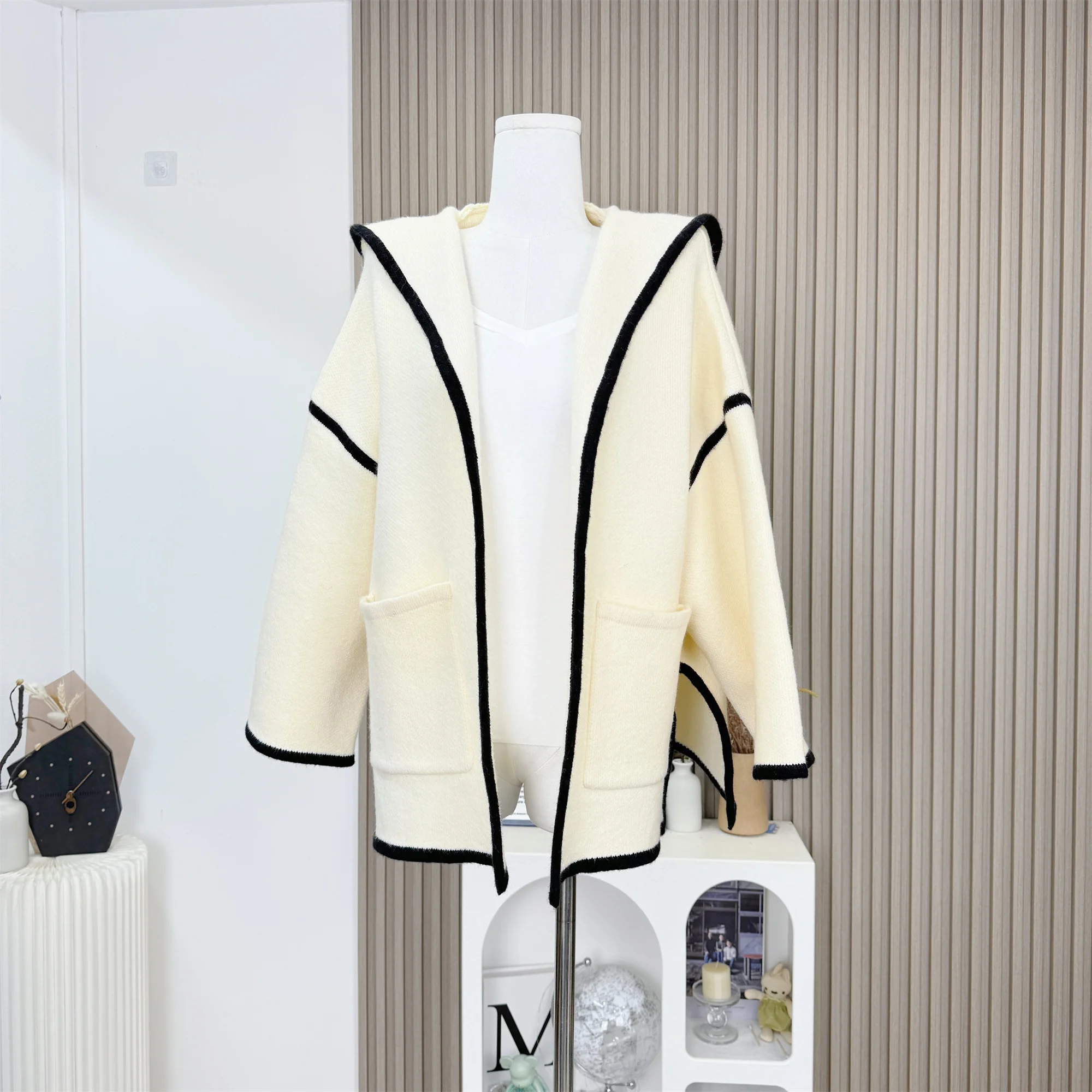 Cárdigan Vintage de lana y Cachemira con capucha para mujer, suéter tejido para otoño e invierno, chaqueta, abrigo informal F267