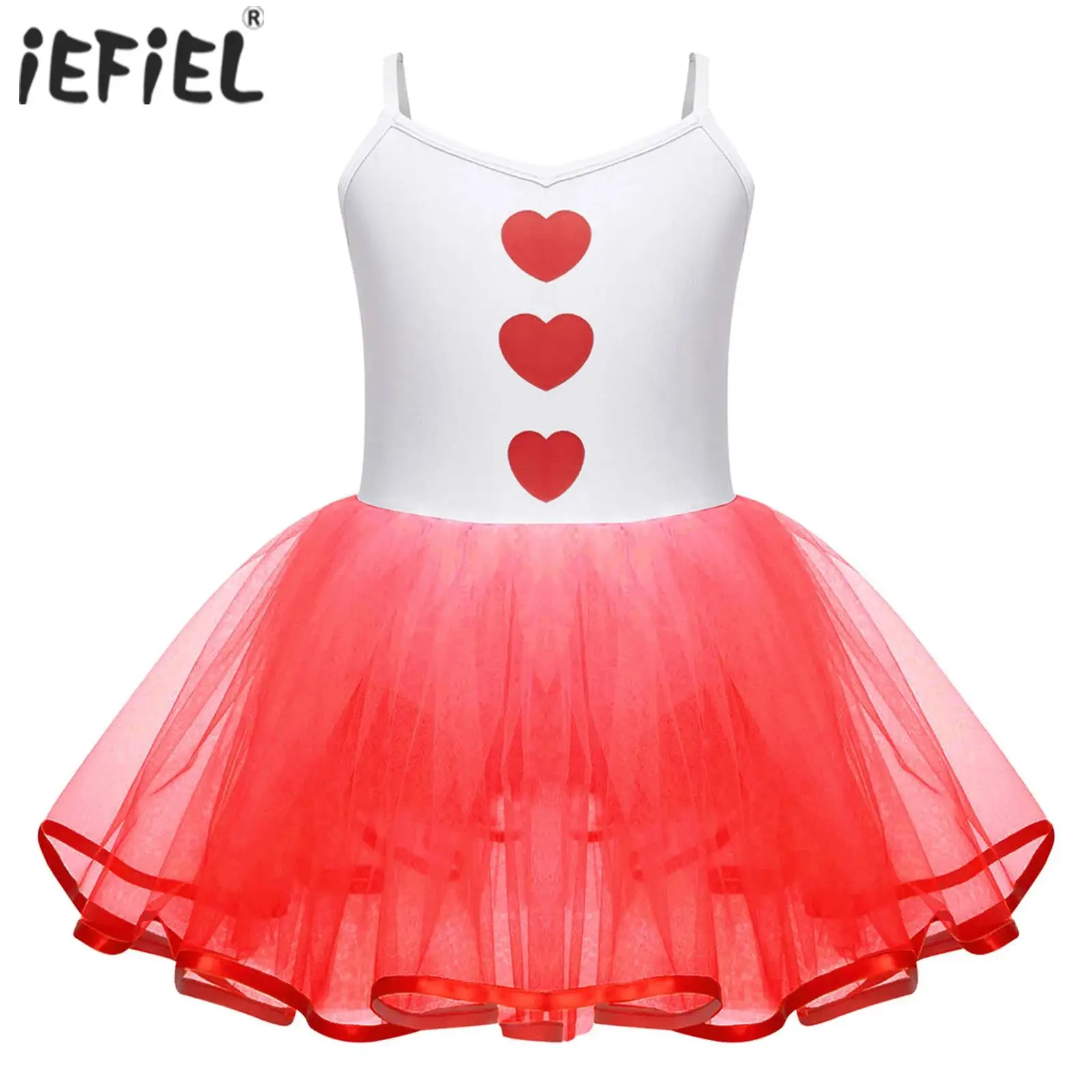 

Kids Girls Cupid Costume Cosplay Dress Adjustable Straps Heart Print Mesh Puffy Skirt for Halloween Role Play Stage Performance