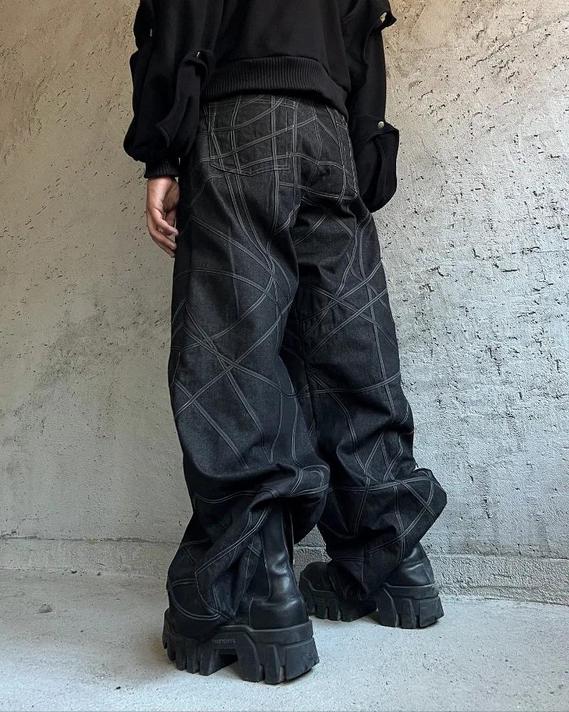 Streetwear New Fashion Striped Embroidered Baggy Jeans Men Y2K Harajuku Vintage Hip Hop Pop Gothic High Waist Wide Leg Pants