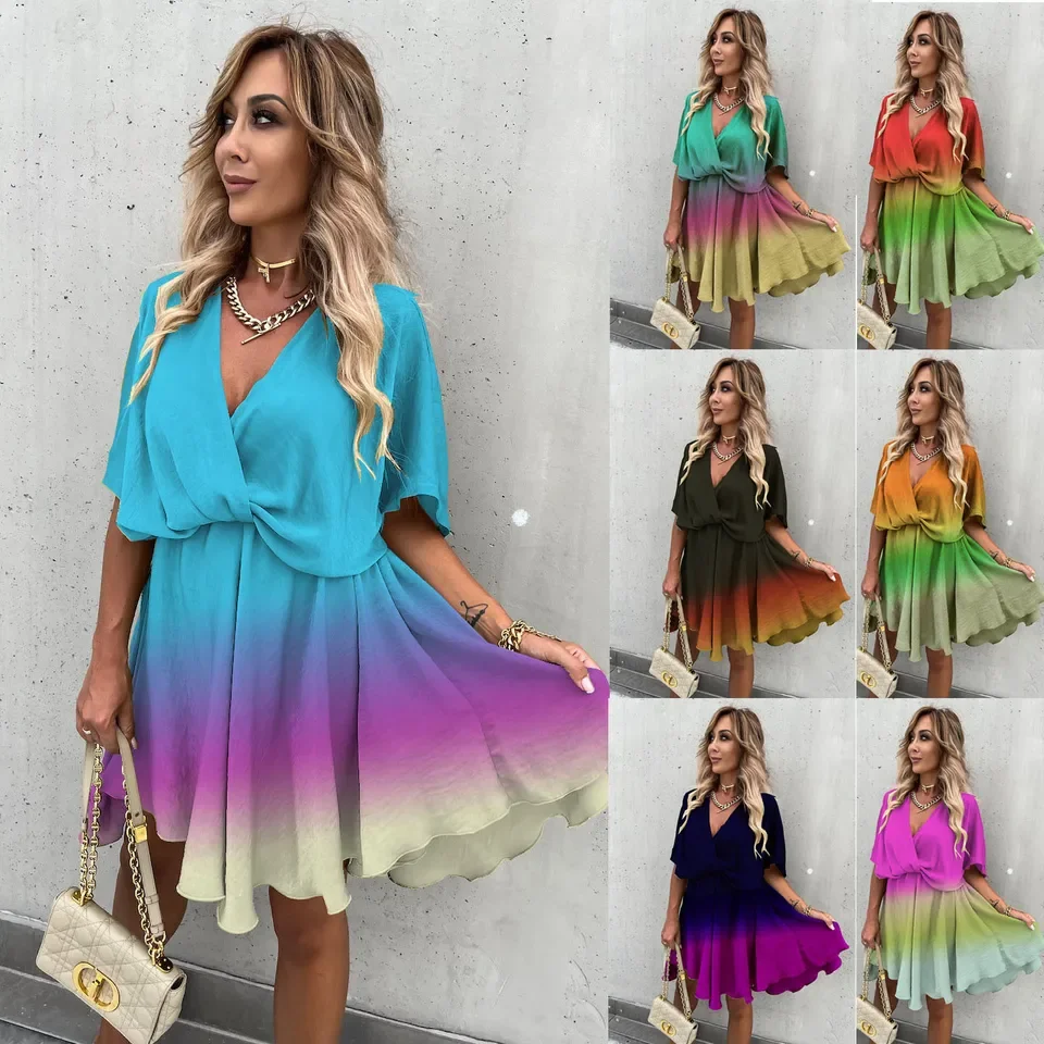 Women Spring and Summer New Gradual Change Loose Dress Casual Short Sleeve High Waist Mini Sexy Dress