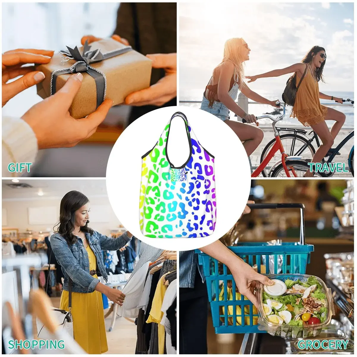 Rainbow And White Spots Leopard Print Portable Tote Shopping Bags Foldable Shopper Bag Grocery Handbag Shoulder Bag