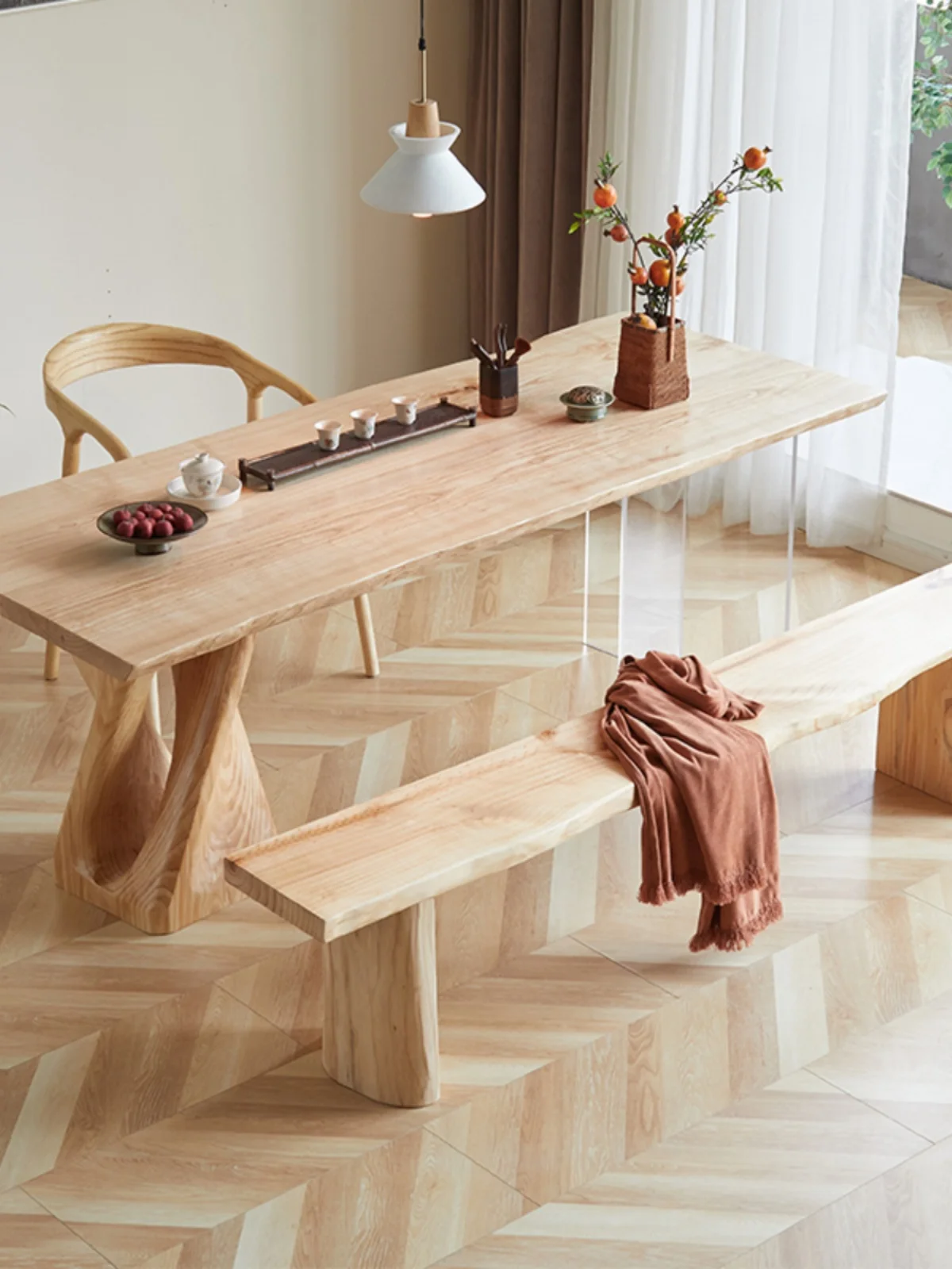 

Wabi Silent Wind Ash Wood Solid Wood Large Board Tea Table Homestay Log Household Tea Table New Chinese Balcony Tea Table and Ch