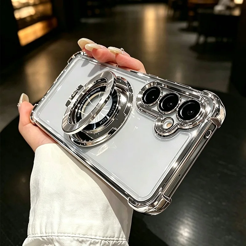 Funda magnética de lujo con soporte y placa para Samsung Galaxy S26 S25 S24 Ultra Plus S26Ultra, a prueba de golpes con respaldo transparente 4