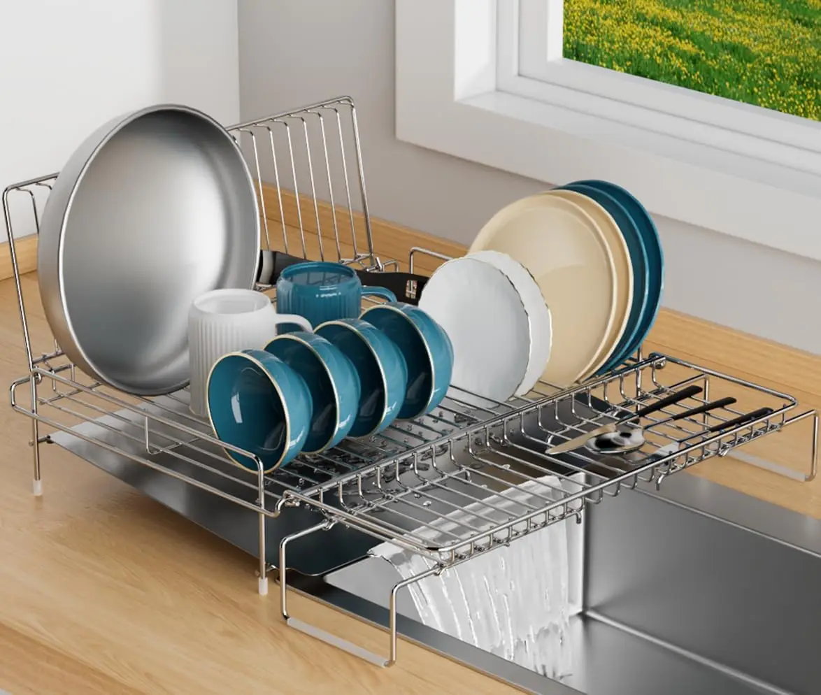 

Разборная сушилка для посуды из нержавеющей стали с поддоном для слива, антикоррозийный складной органайзер для экономии места на кухонной столешнице