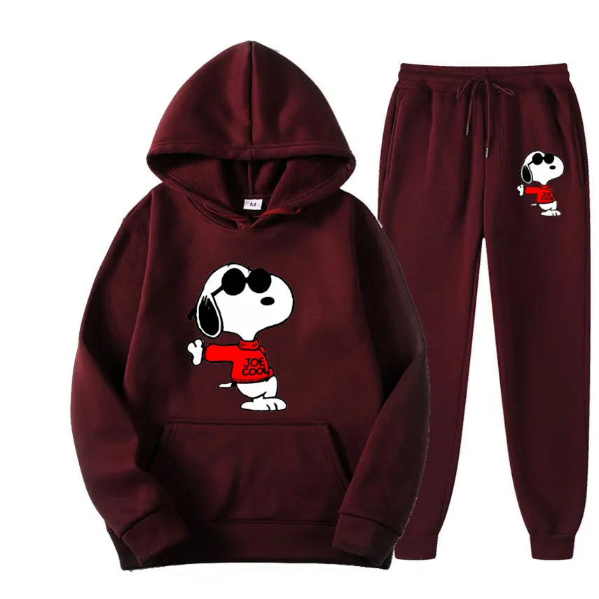 Snoopy setelan Sweatshirt wanita Anime kartun, celana Pullover pria mode baru, setelan celana Hoodie pasangan musim semi musim gugur