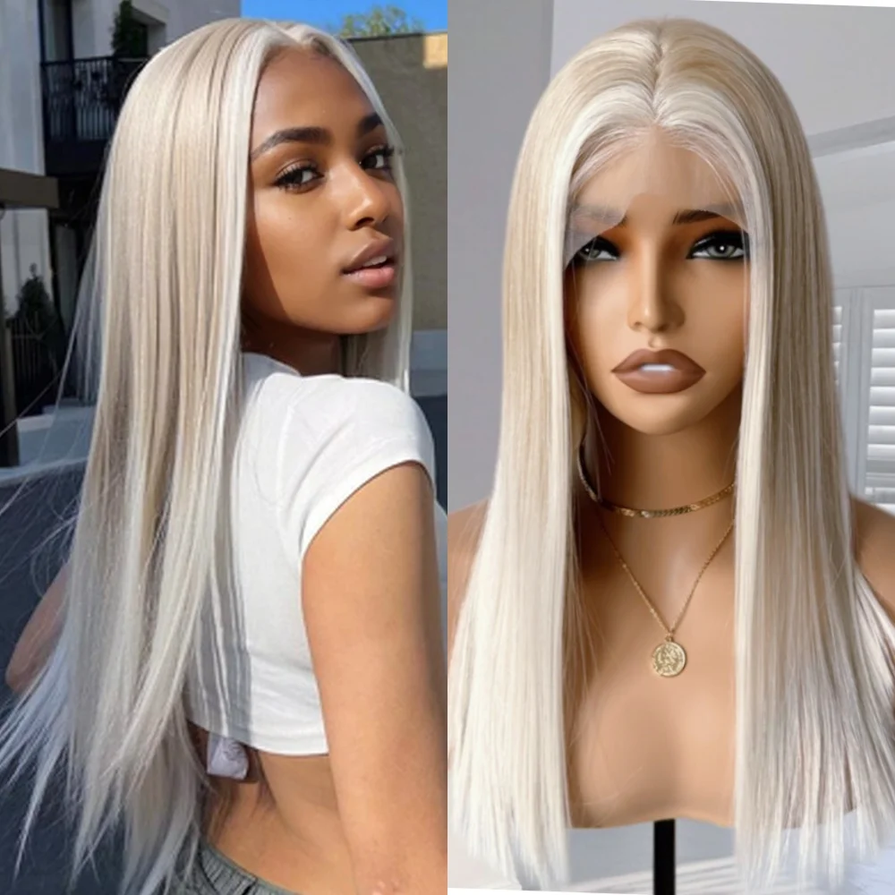 Highlight Ombre Blonde Lace Front Wigs with Cap and Combs, Balayage Platinum Blonde Bob Silky Straight Japanese Synthetic Wig