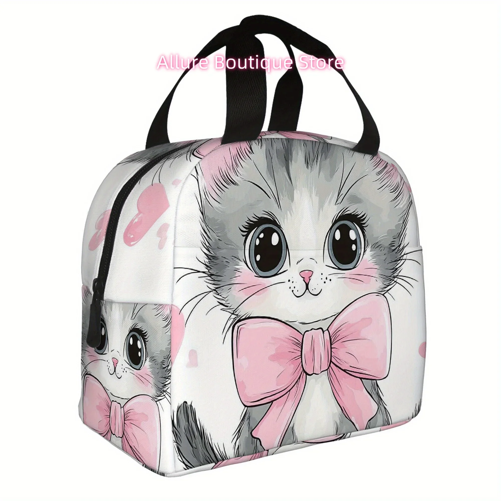 1pc, Cute Kitten with Pink Bow Surrounded by Hearts Printed Thermal Bag, Insulation Bag, Insulated Bag, No Food Contact, Suitabl