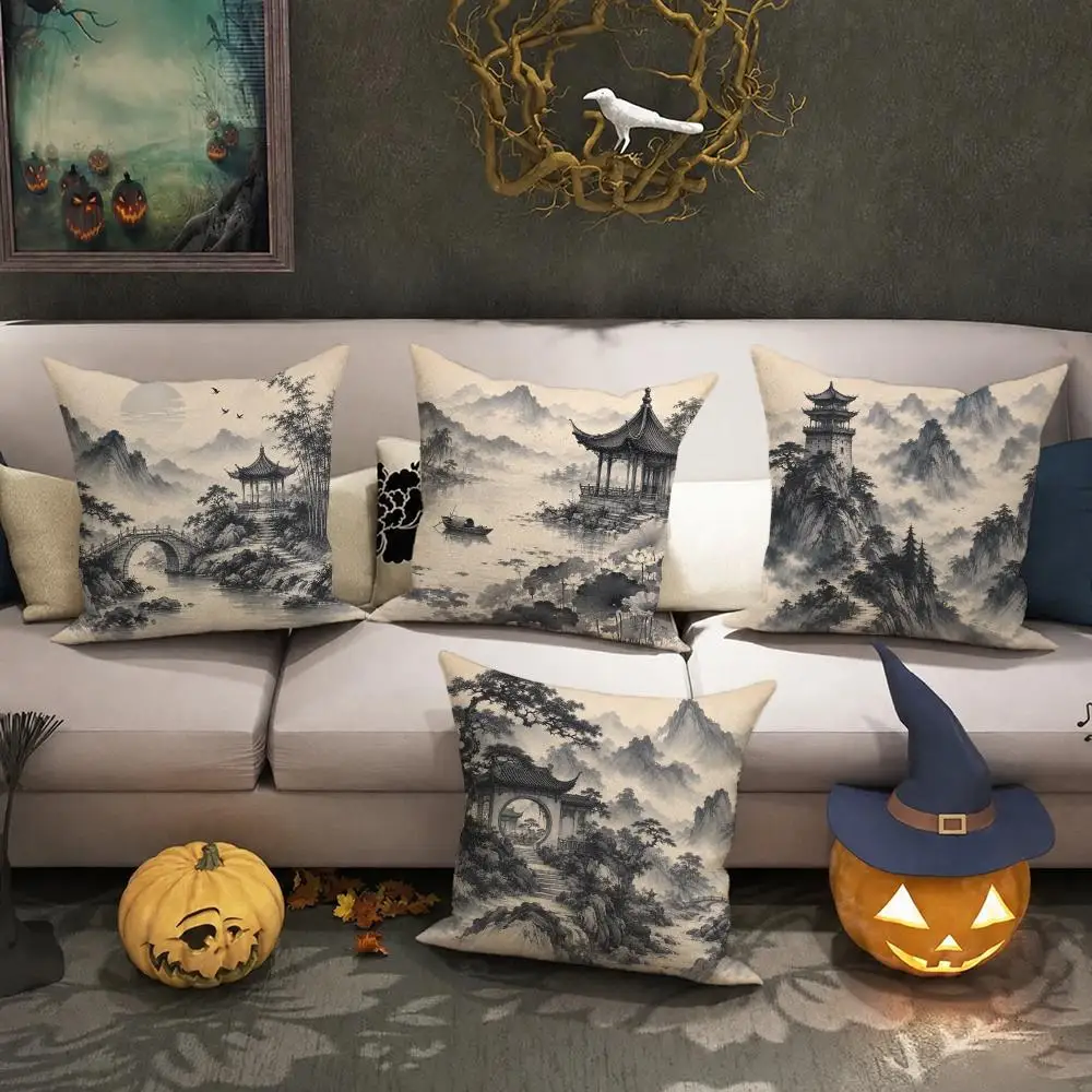 Landscape Halloween Gift Cushion Cover Halloween Rustic Throw Pillow Covers, Cute Ghost Pumpkin Maple Leaf Cushion Covers