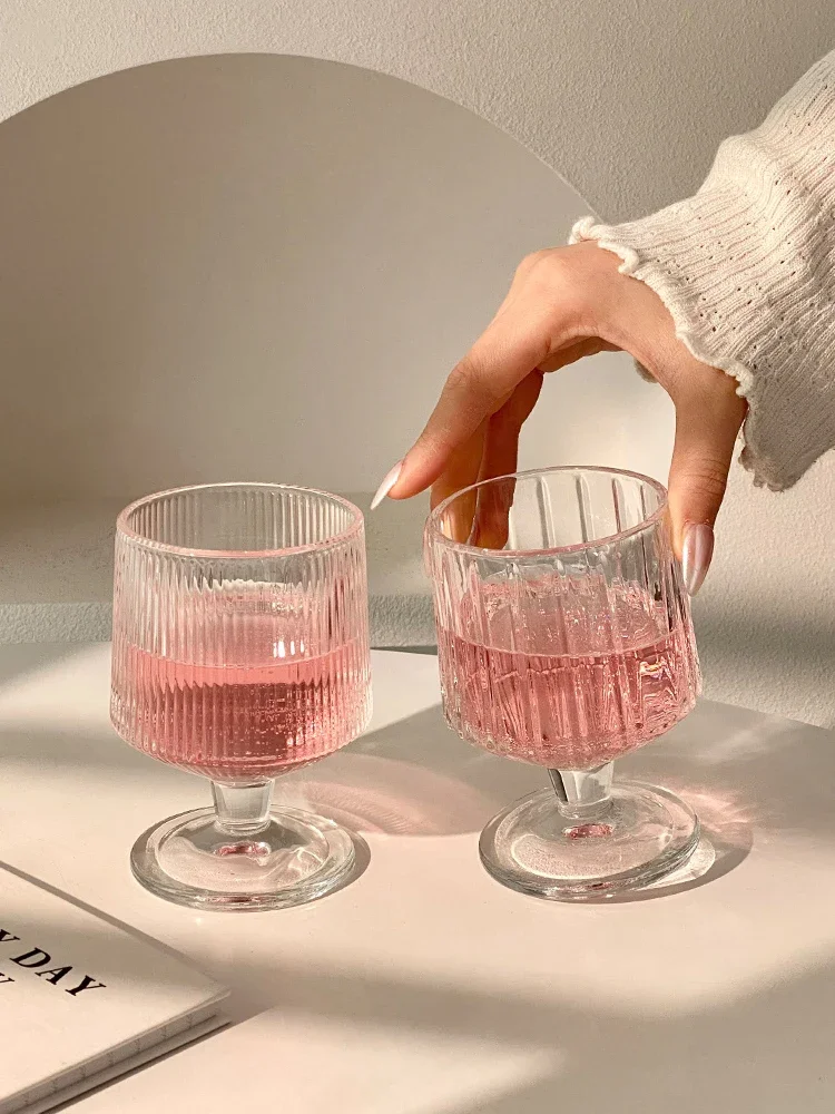 Ins High Aesthetic Value Short Stem Glass Cup Beverage Juice Water Cup Whiskey Glass Ice Cream Cup Vertical Stripes Design