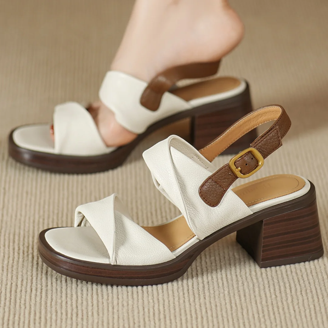 Women's genuine leather narrow band fold mix color patchwork open toe sandals 6cm chunky heel platform female OL summer shoes - Image 5