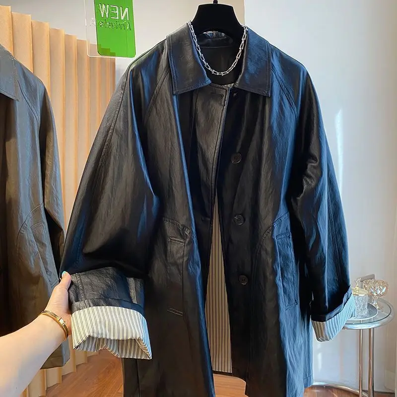 

Faux Leather Jacket Women American Vintage Solid Pu Loose Casual Single-breasted Biker Outwear Streetwear Coats