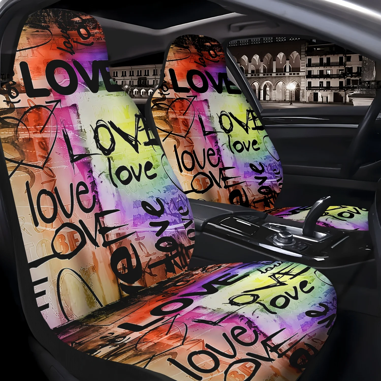 2pcs Car Front Seat Covers With Love Heart Print, Durable Front Seat Protectors For Sedan, SUV, And Truck, Unisex, Vehicle Inter
