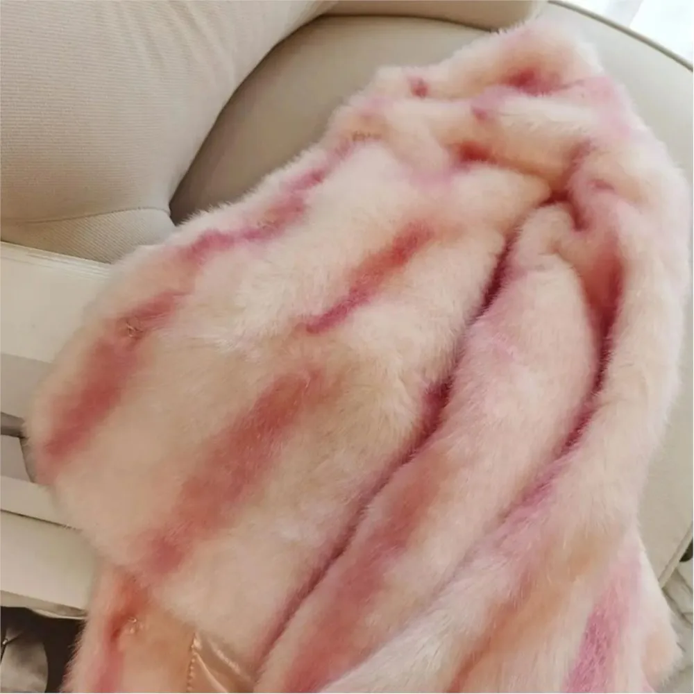 Winter Contrast Color Pink Strips Hairy Shaggy Faux Fur Coat Stand Collar Full Sleeve Furry Outerwear Soft Party Outercoat