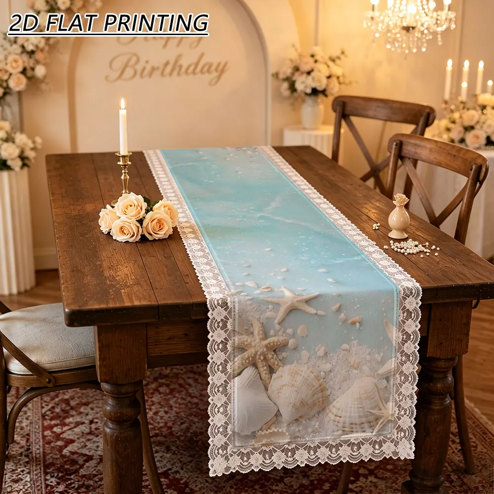 1pc Beach Seashell Starfish Pattern Tulle Lace Table Runner For Summer Coastal Party Decor